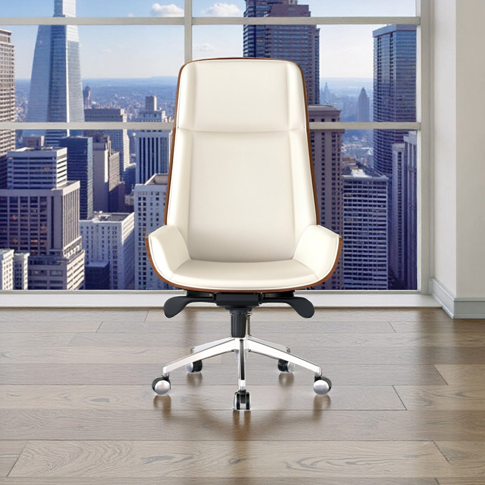 Executive office chair with wood-look details – modern white design