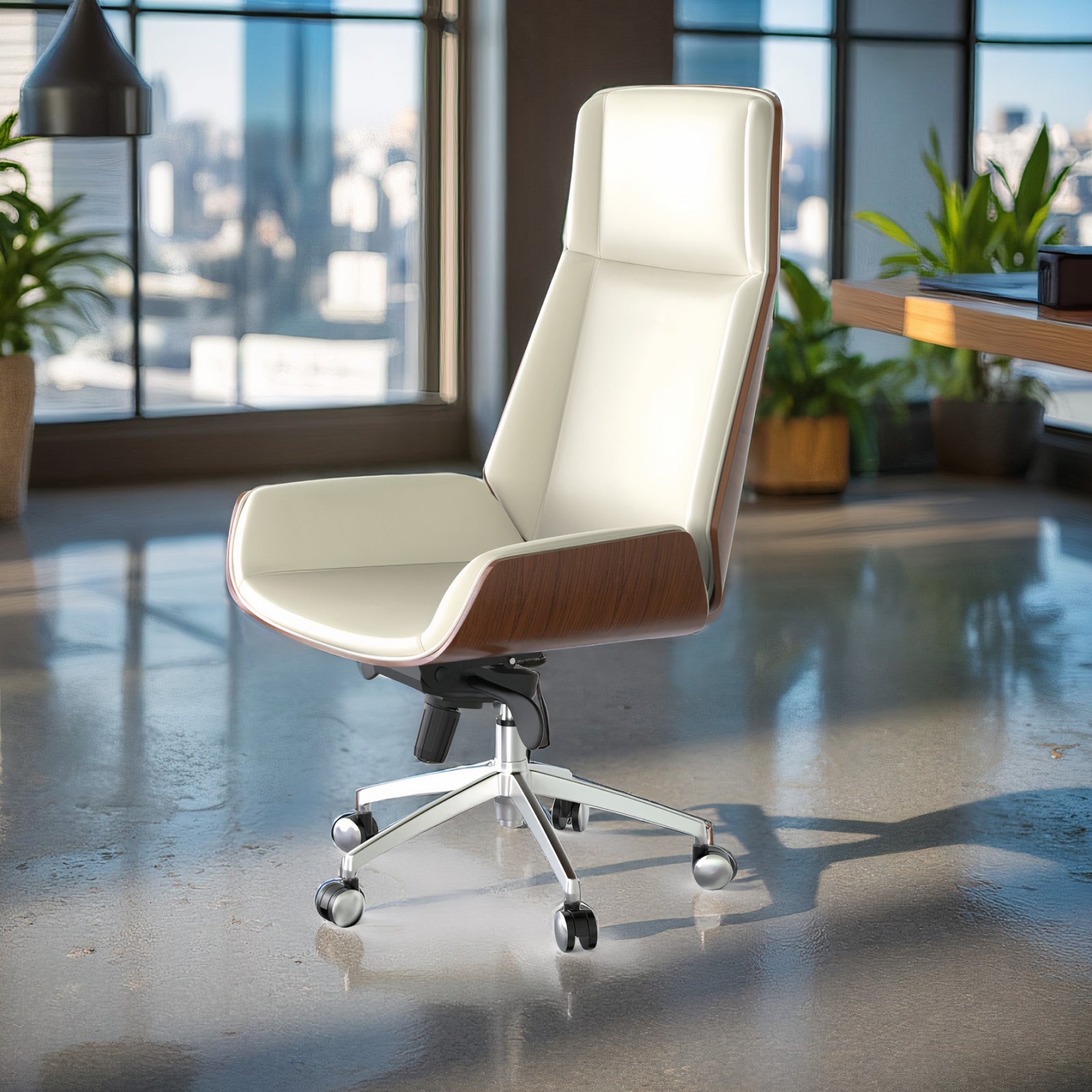 Executive office chair with wood-look details – modern white design